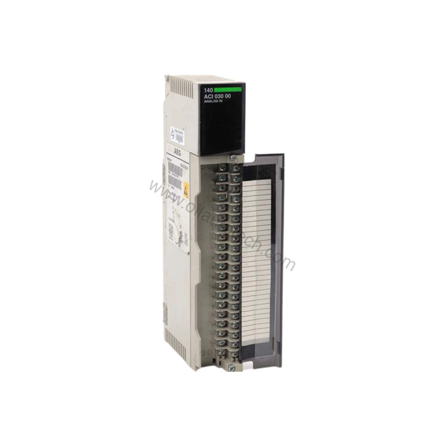 Figure 1: Front view of the Schneider 140ACI03000C industrial automation component showing its physical design and enclosure.