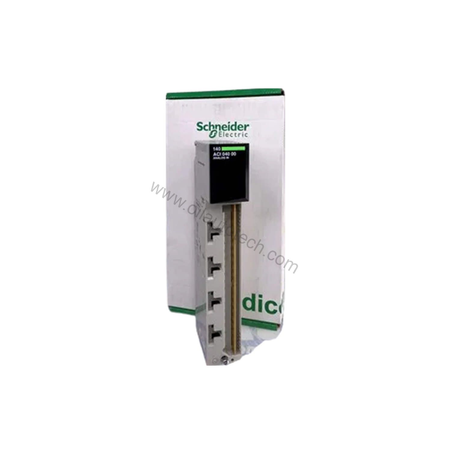 Figure 1: Front view of the Schneider Electric 140ACI05100SC industrial automation component showing its physical design and enclosure.
