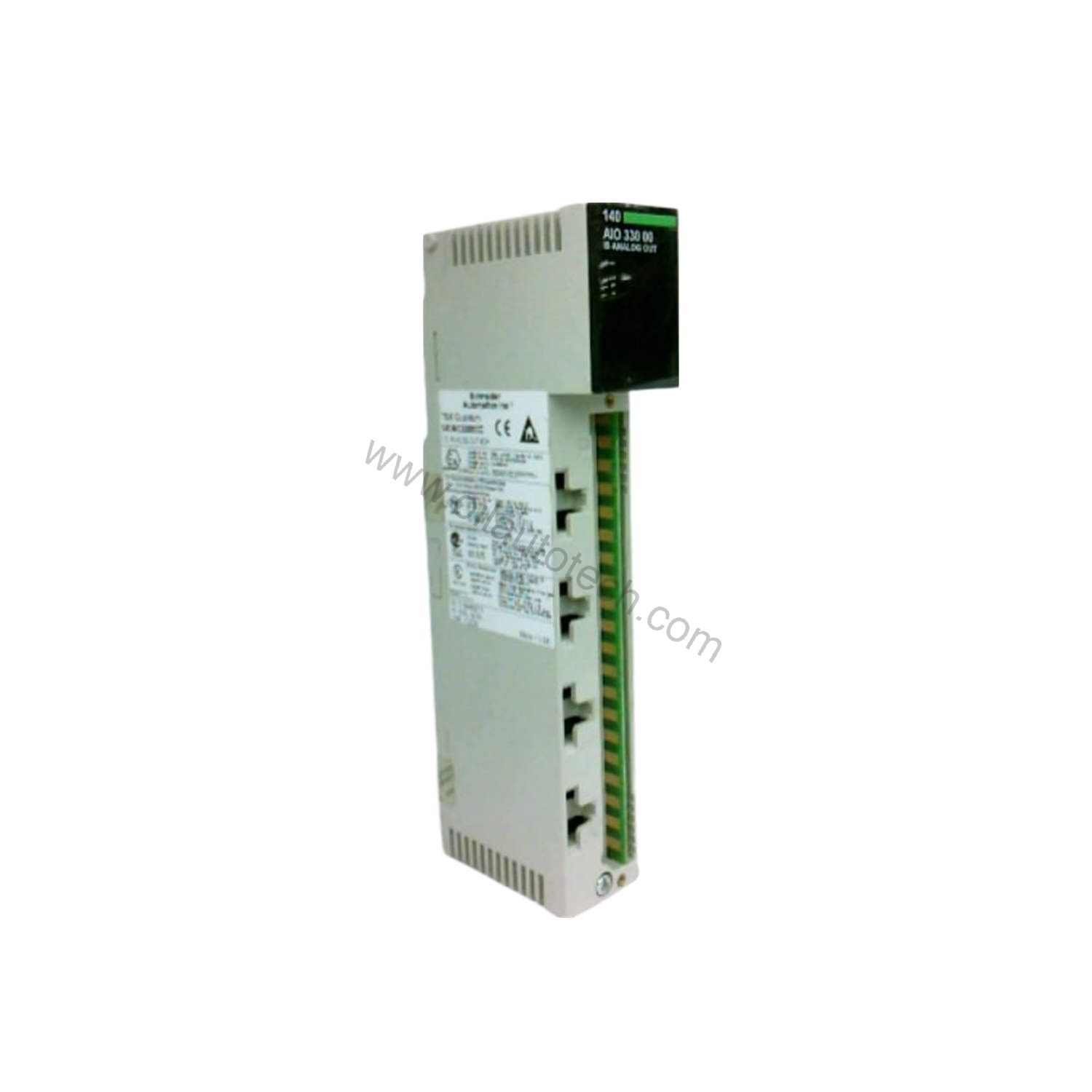 Figure 1: Front view of the Schneider Electric 140AIO33000 industrial automation component showing its physical design and enclosure.