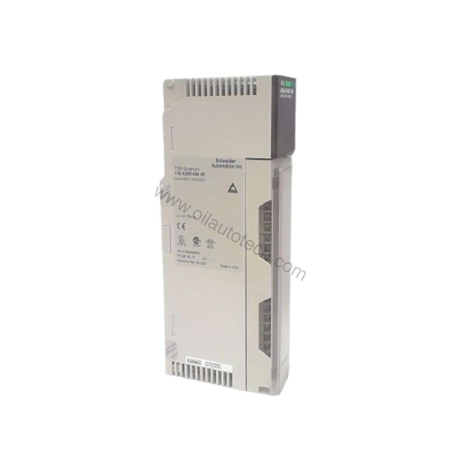 Figure 2: Technical layout and connection details for the Schneider Electric 140AMM09000C industrial automation component.