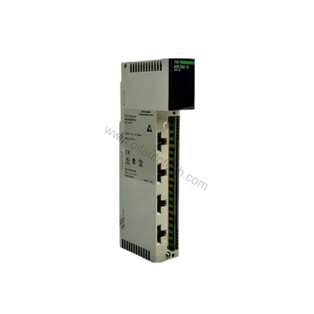 Figure 1: Front view of the Schneider Electric 140ARI03000C industrial automation component showing its physical design and enclosure.