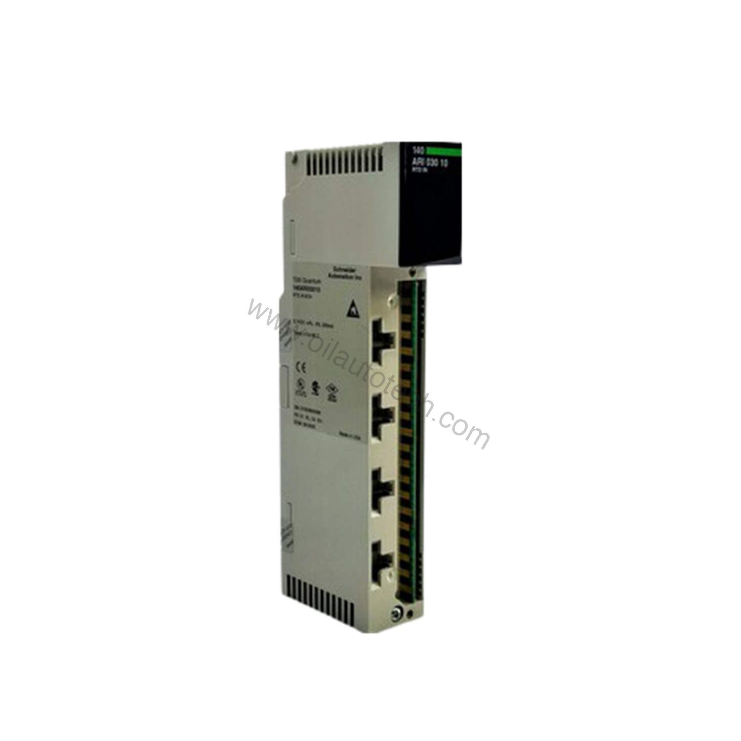 Figure 1: Front view of the Schneider Electric 140ARI03010C industrial automation component showing its physical design and enclosure.