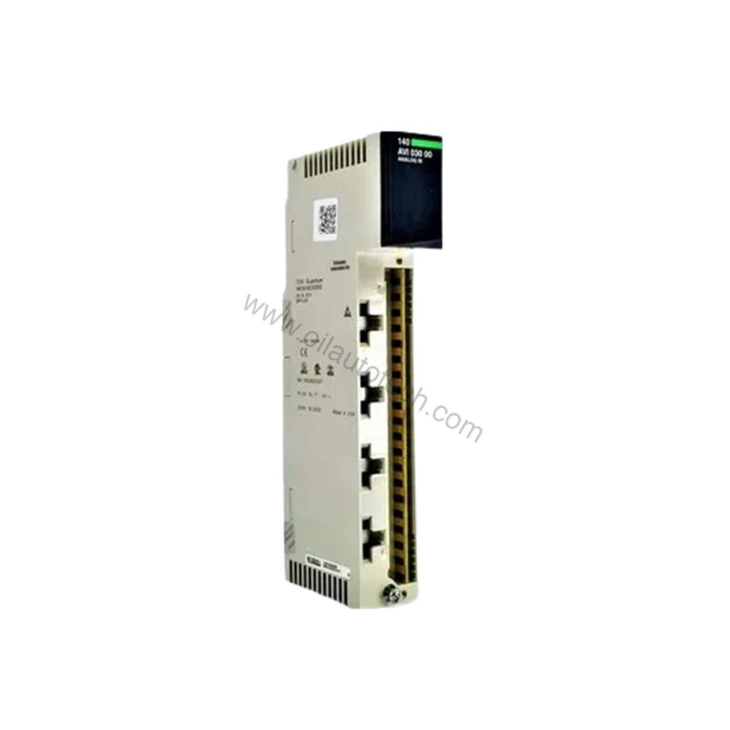 Figure 1: Front view of the Schneider Electric 140AVI03000C industrial automation component showing its physical design and enclosure.