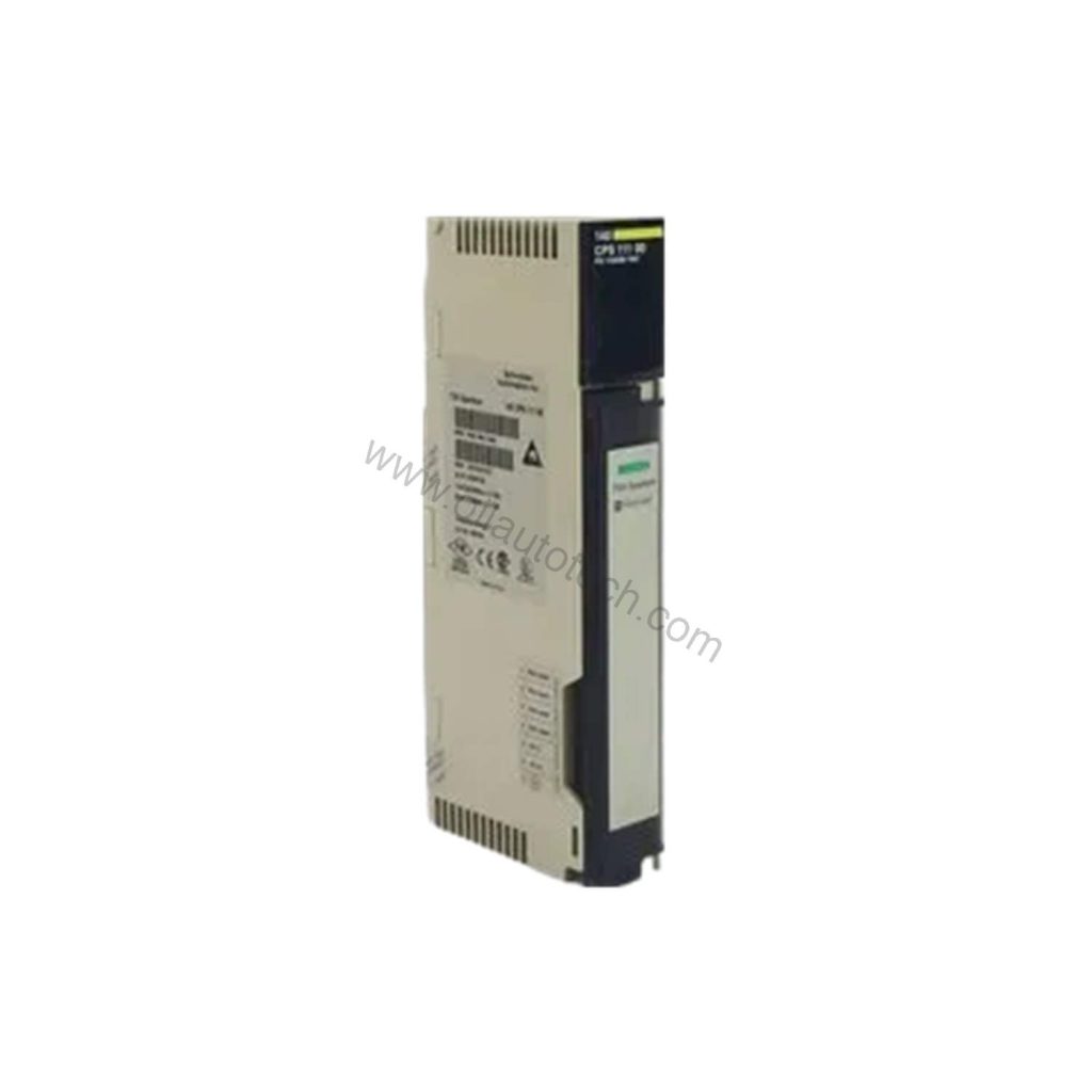 Figure 1: Front view of the Schneider Electric 140CPS11100C industrial automation component showing its physical design and enclosure.