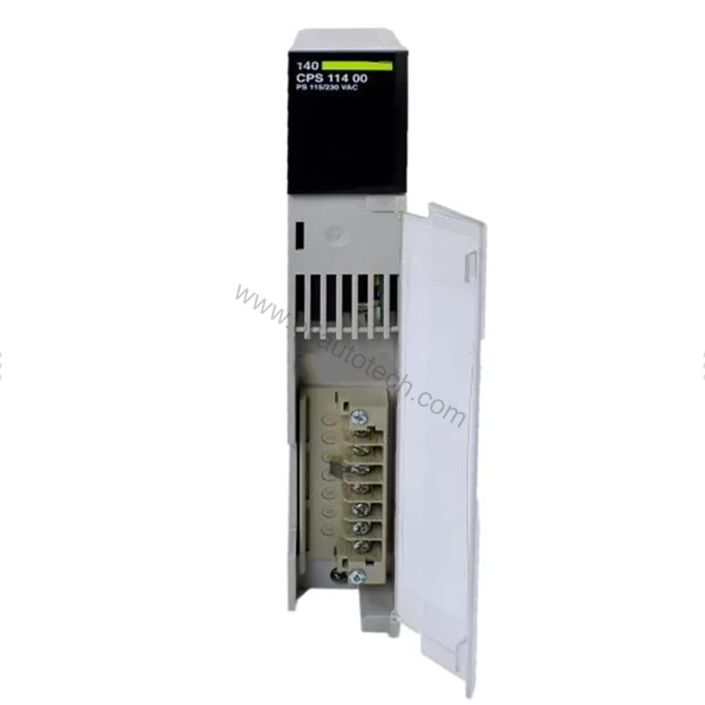 Figure 1: Front view of the Schneider Electric 140CPS11400 industrial automation component showing its physical design and enclosure.