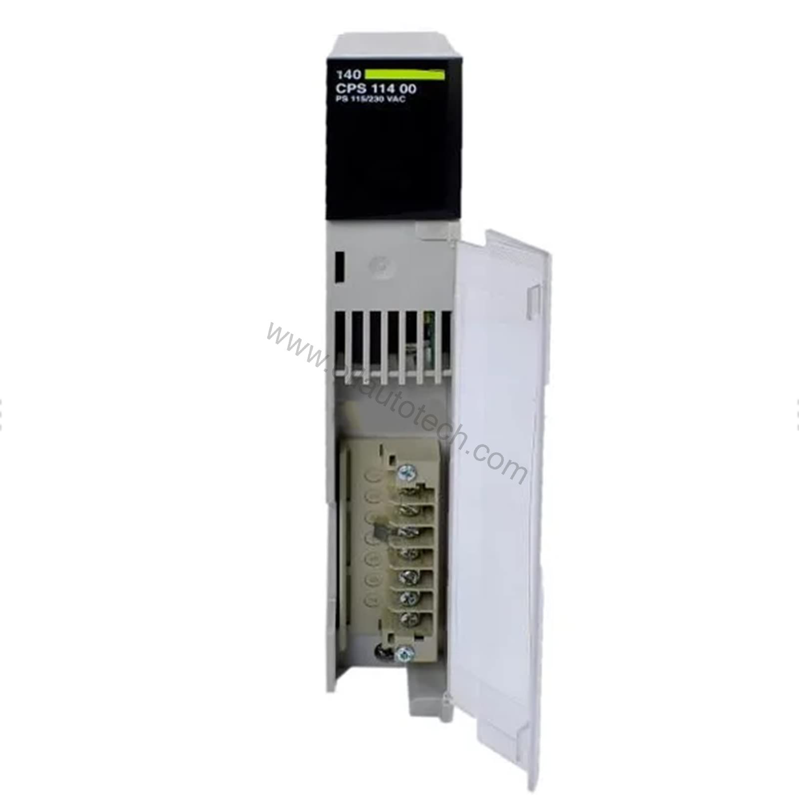Figure 1: Front view of the Schneider Electric 140CPS11400 industrial automation component showing its physical design and enclosure.
