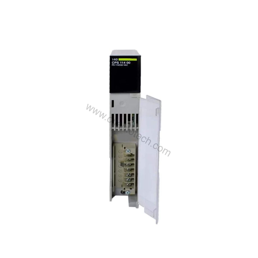 Figure 2: Technical layout and connection details for the Schneider Electric 140CPS11400 industrial automation component.