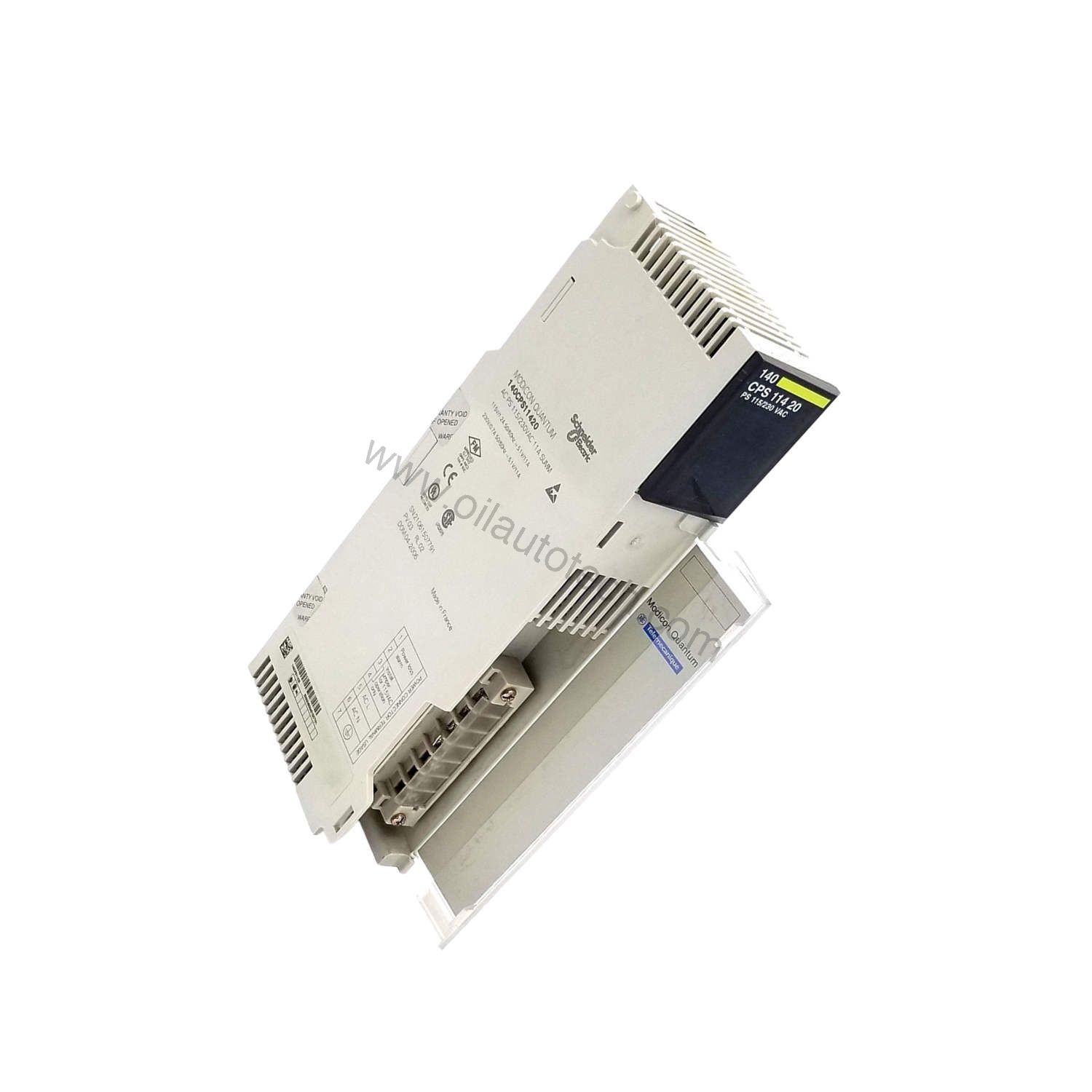 Figure 2: Technical layout and connection details for the Schneider Electric 140CPS11420C industrial automation component.