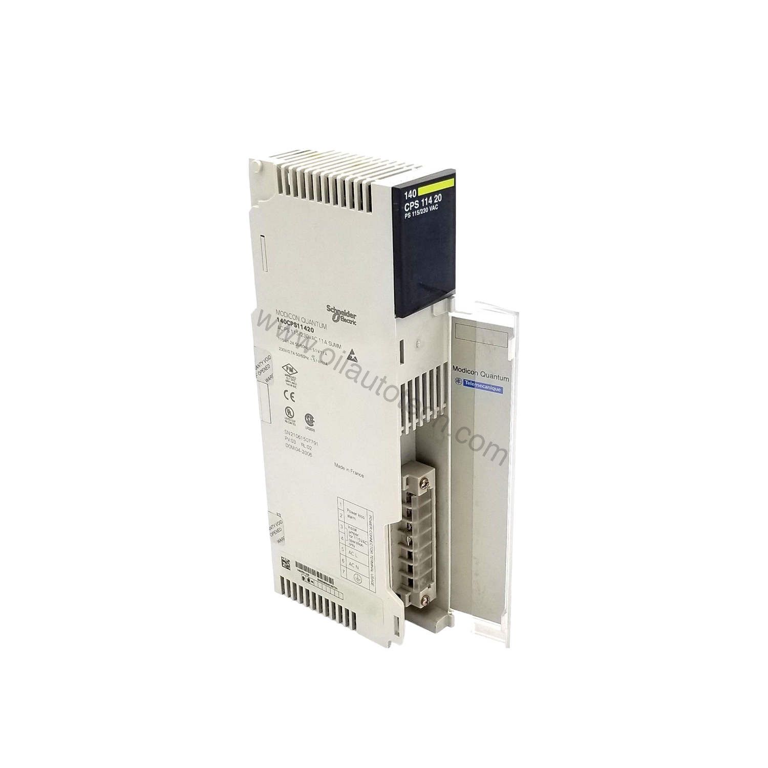 Figure 1: Front view of the Schneider Electric 140CPS11420C industrial automation component showing its physical design and enclosure.