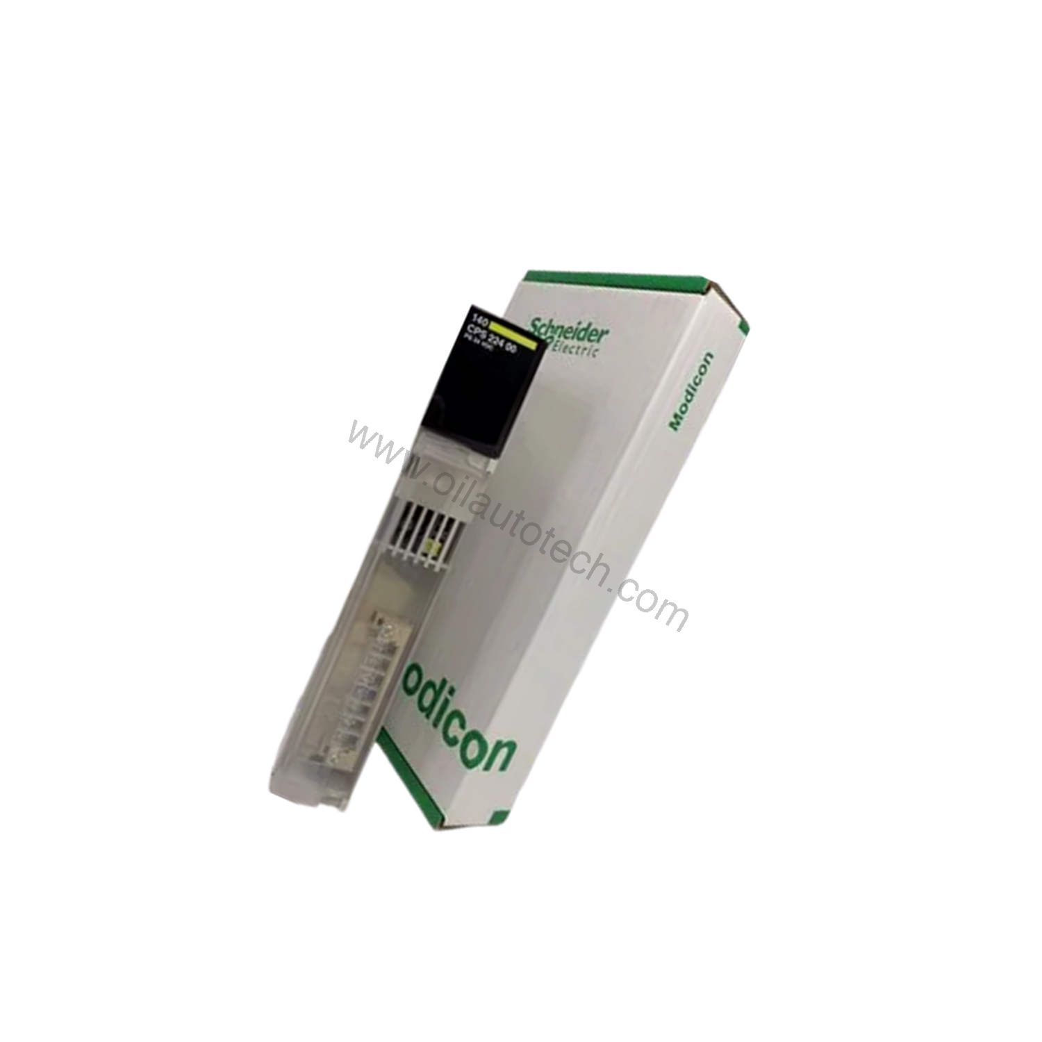 Figure 2: Technical layout and connection details for the Schneider Electric 140CPS22400C industrial automation component.