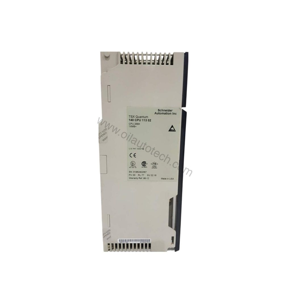 Figure 1: Front view of the Schneider Electric 140CPU11304C industrial automation component showing its physical design and enclosure.