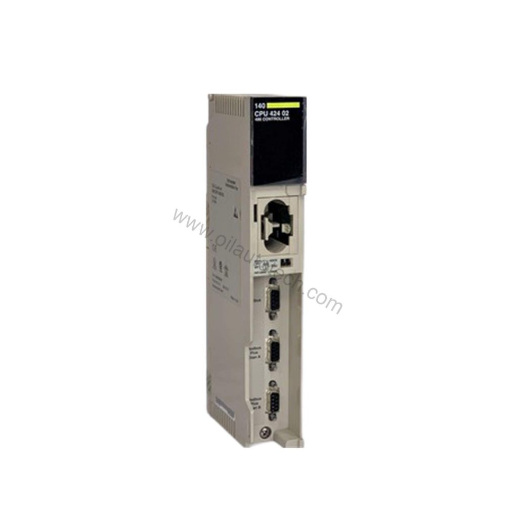 Figure 1: Front view of the Schneider Electric 140CPU42401C industrial automation component showing its physical design and enclosure.