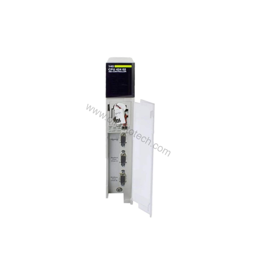 Figure 1: Front view of the Schneider Electric 140CPU42402C industrial automation component showing its physical design and enclosure.