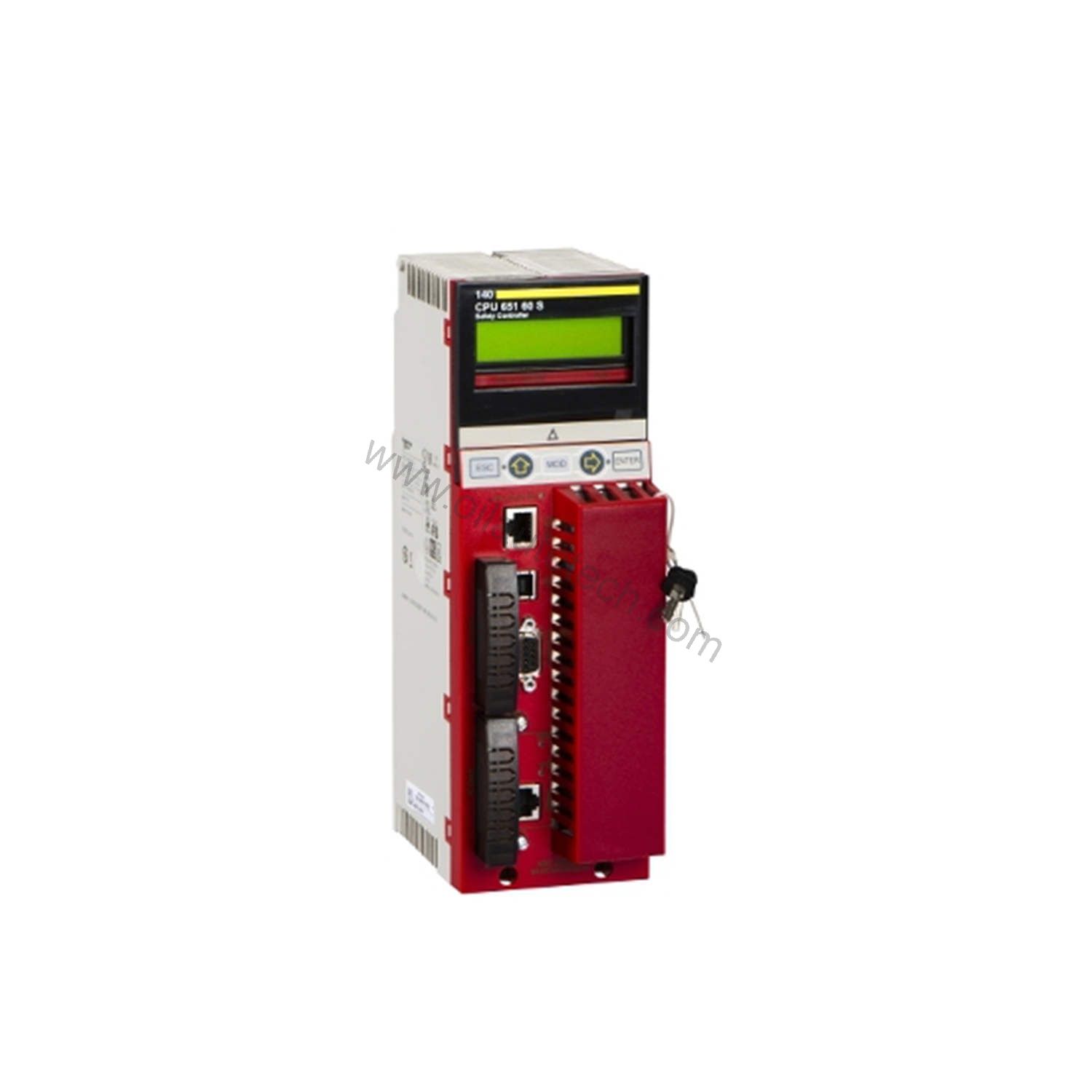 Figure 1: Front view of the Schneider Electric 140CPU65160S industrial automation component showing its physical design and enclosure.