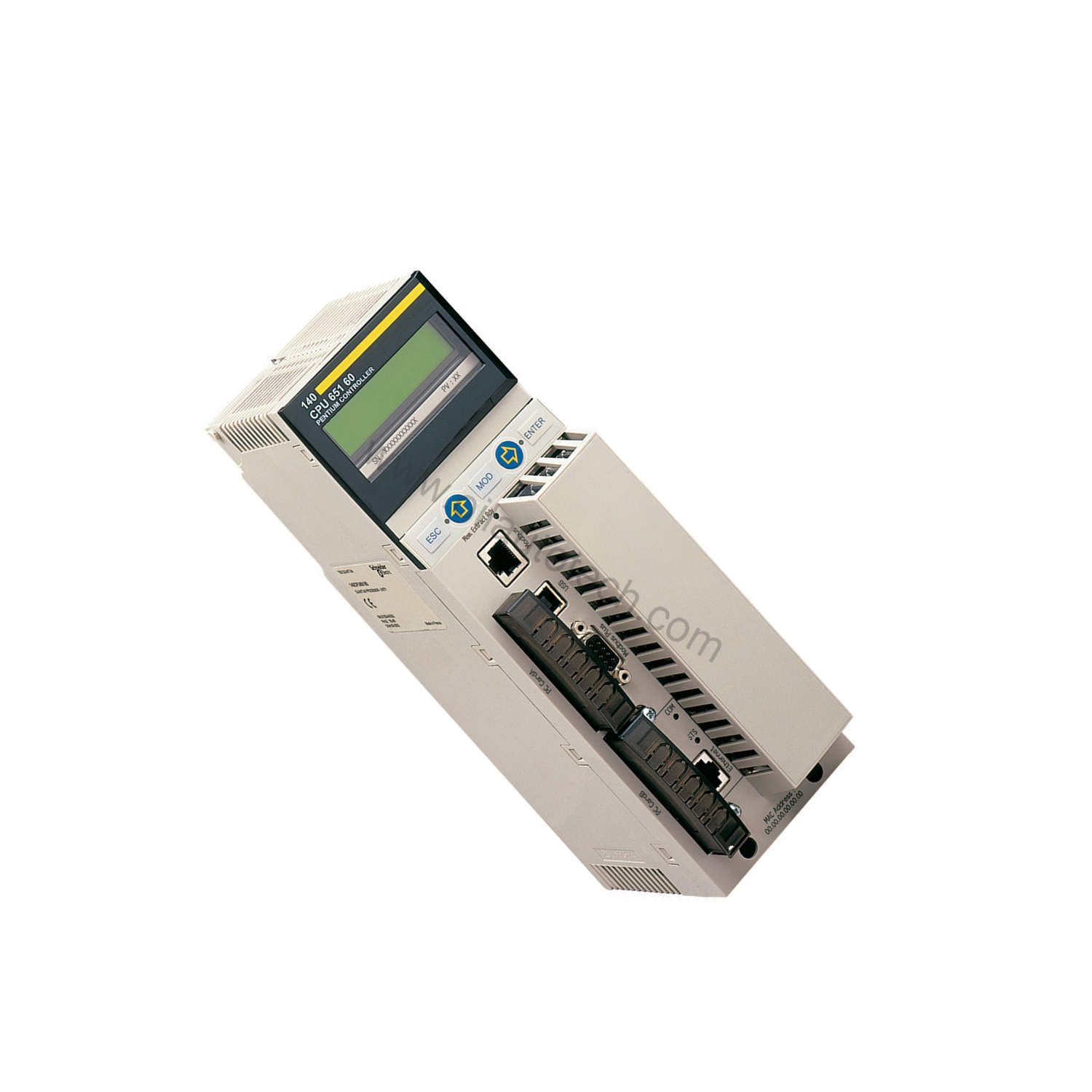 Figure 2: Technical layout and connection details for the Schneider Electric 140CPU65260C industrial automation component.