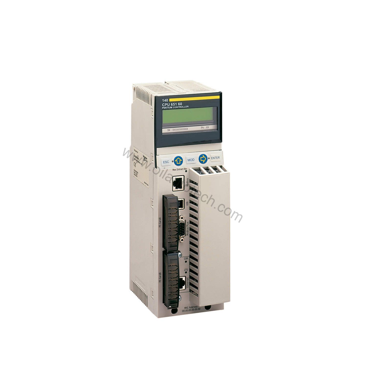 Figure 1: Front view of the Schneider Electric 140CPU65260C industrial automation component showing its physical design and enclosure.