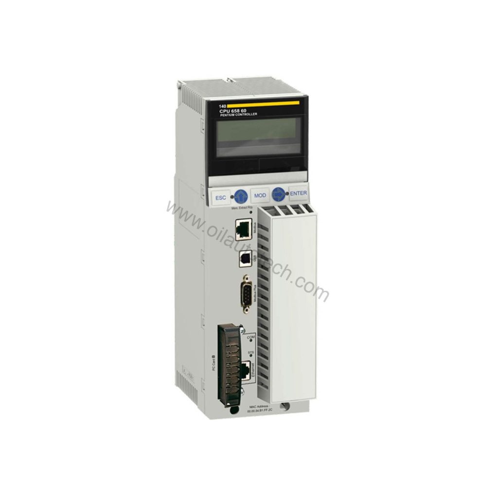 Figure 1: Front view of the Schneider Electric 140CPU65860 industrial automation component showing its physical design and enclosure.