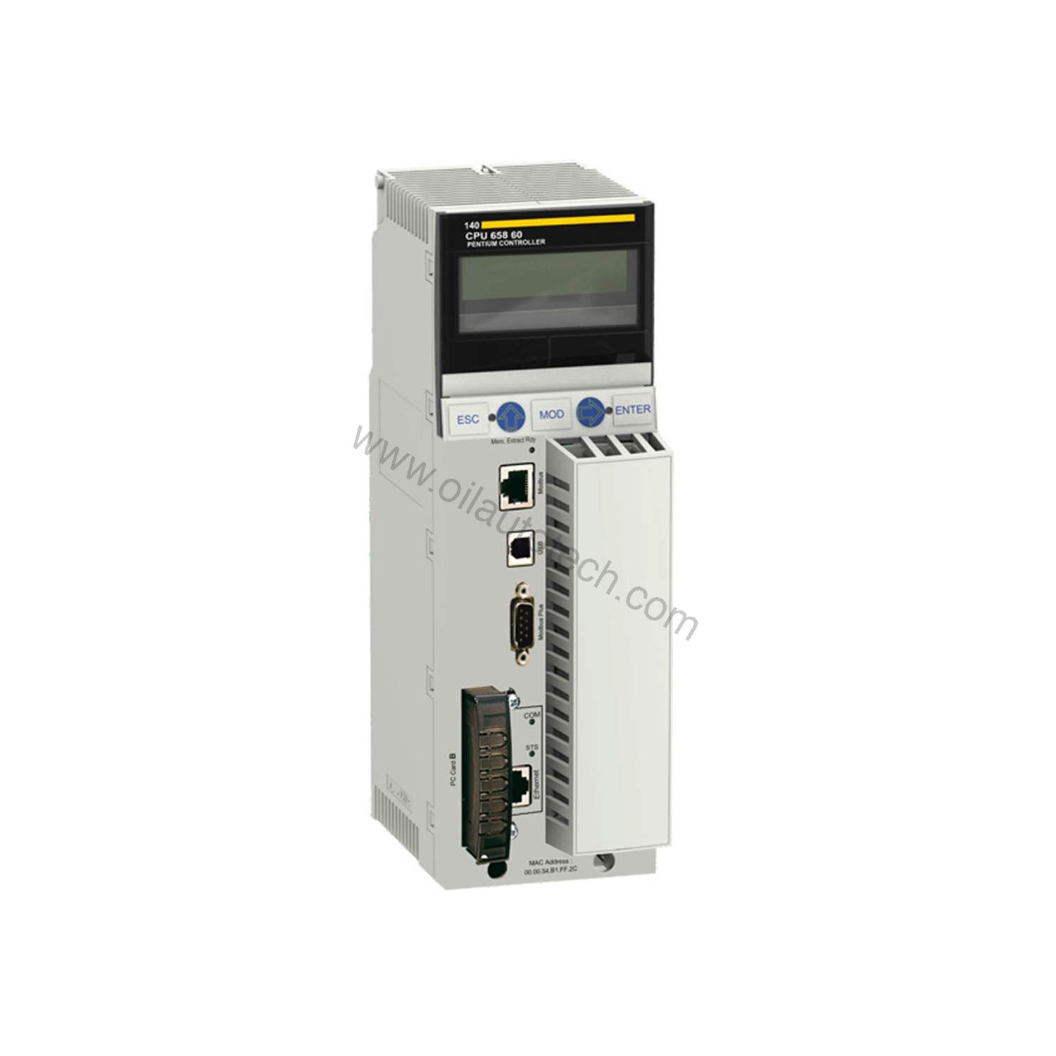 Figure 1: Front view of the Schneider Electric 140CPU65860 industrial automation component showing its physical design and enclosure.