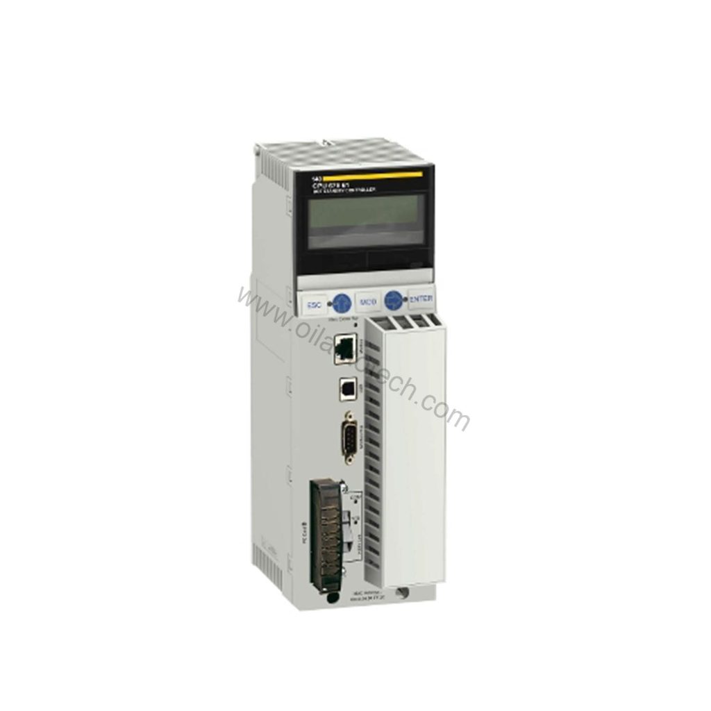 Figure 1: Front view of the Schneider Electric 140CPU67261C industrial automation component showing its physical design and enclosure.
