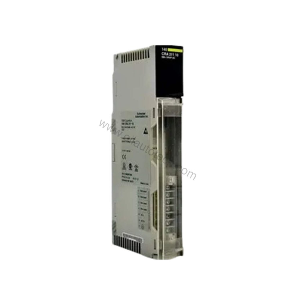 Figure 1: Front view of the Schneider Electric 140CRA21100C industrial automation component showing its physical design and enclosure.