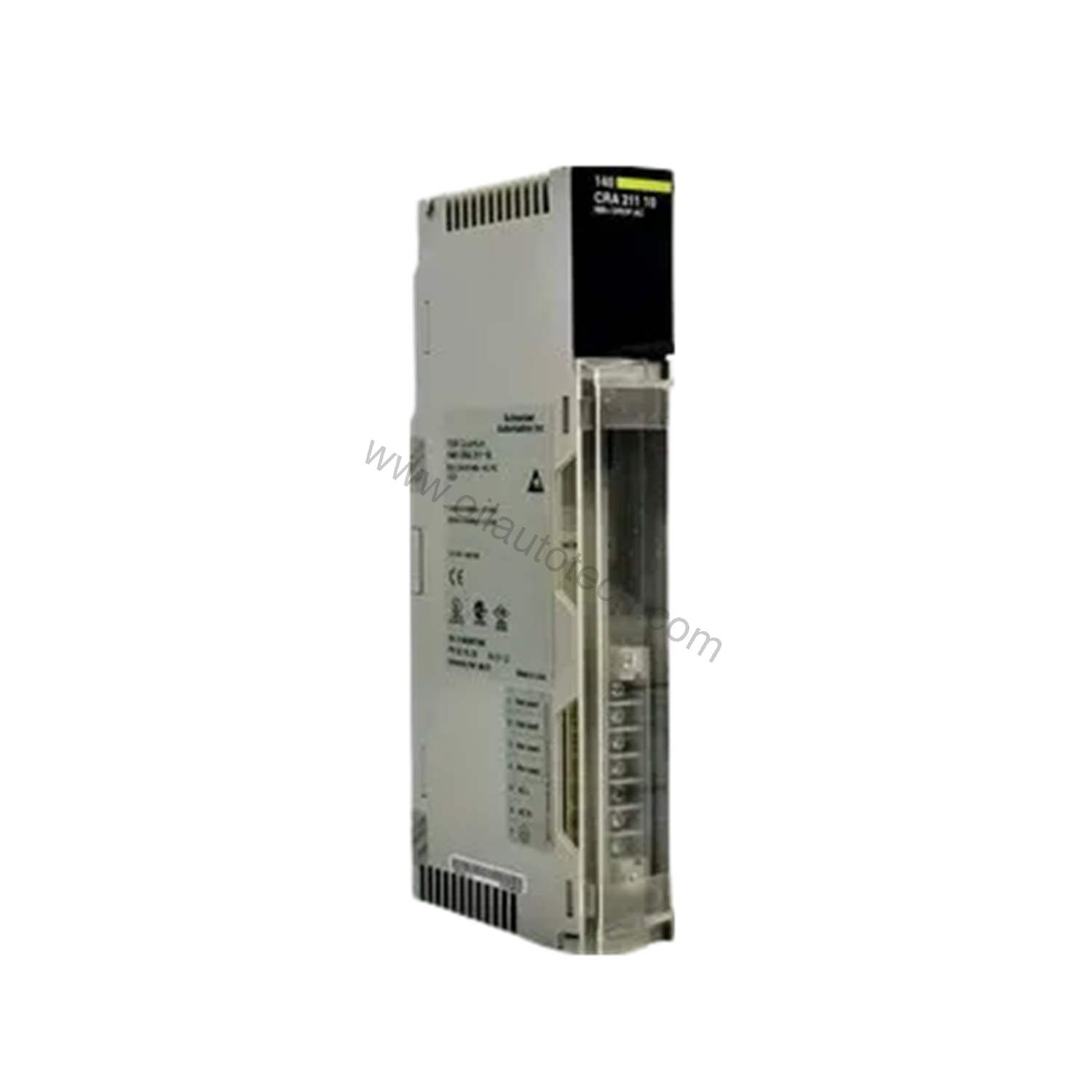 Figure 1: Front view of the Schneider Electric 140CRA21100C industrial automation component showing its physical design and enclosure.