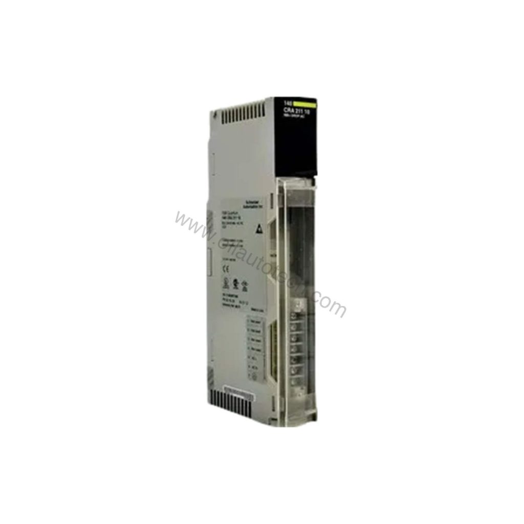 Figure 1: Front view of the Schneider Electric 140CRA21100 industrial automation component showing its physical design and enclosure.