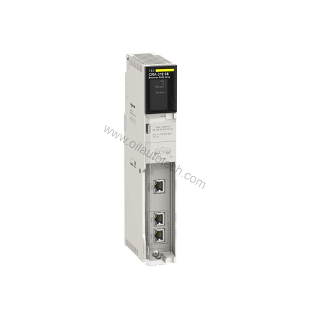 Figure 1: Front view of the Schneider Electric 140CRA31908 industrial automation component showing its physical design and enclosure.
