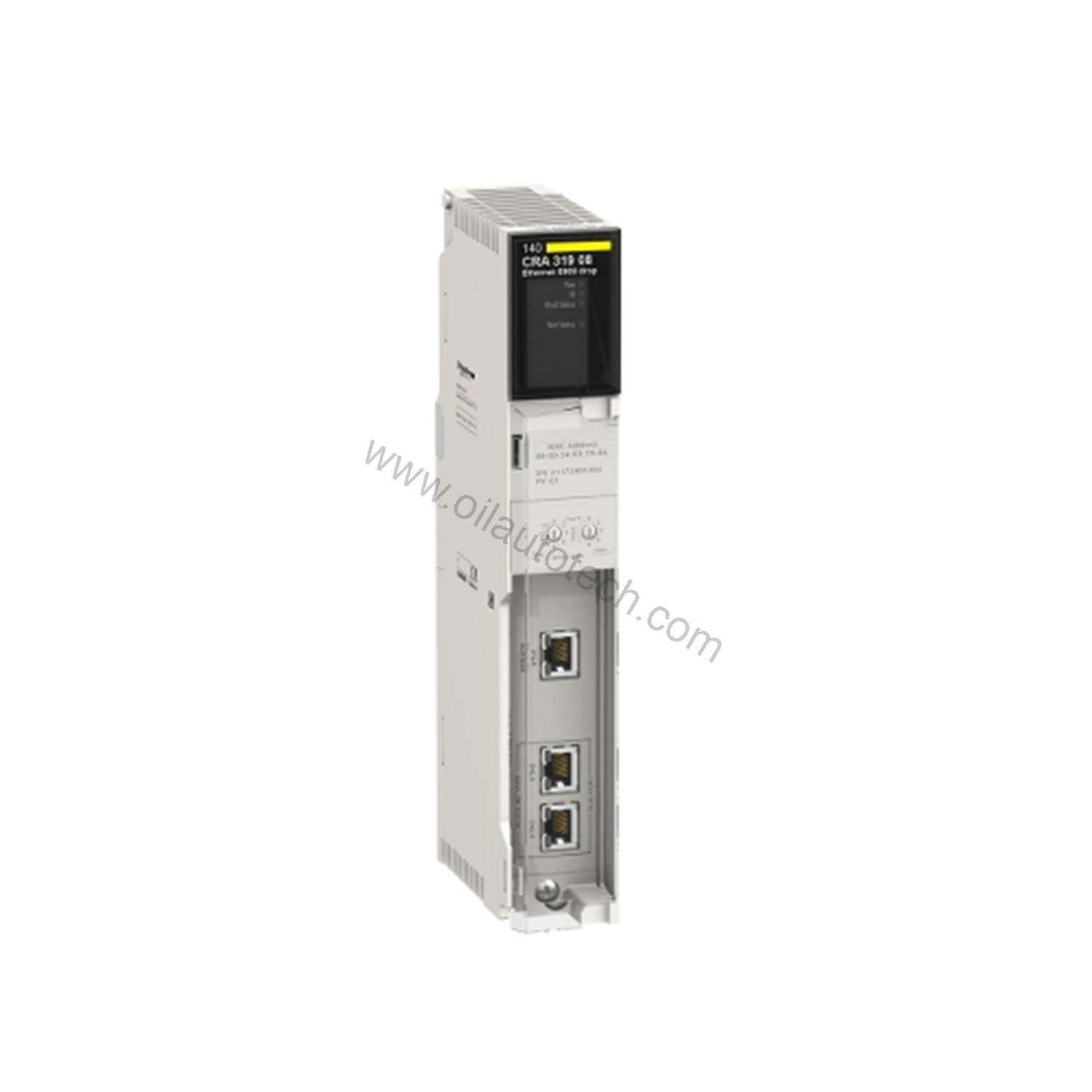Figure 1: Front view of the Schneider Electric 140CRA31908 industrial automation component showing its physical design and enclosure.