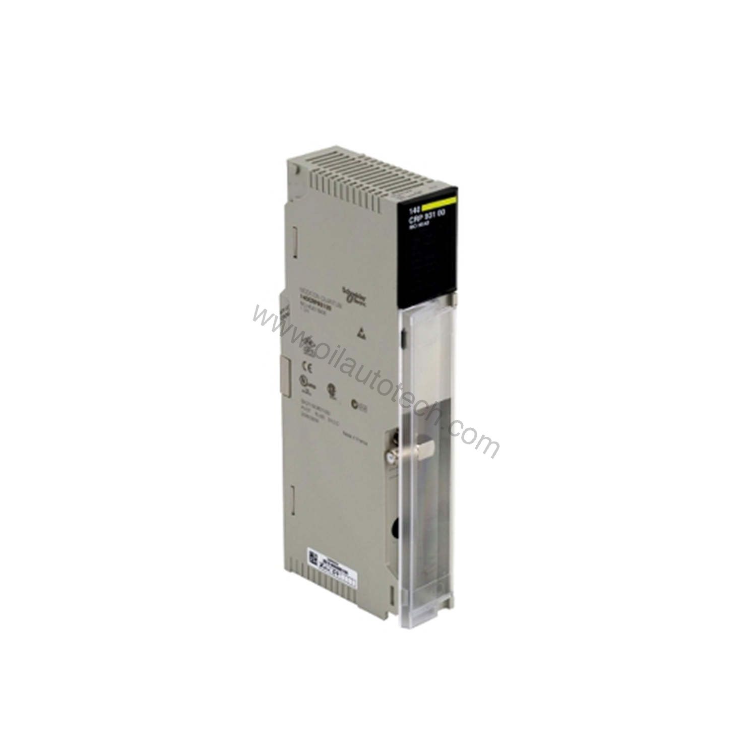 Figure 2: Technical layout and connection details for the Schneider Electric 140CRP93100C industrial automation component.