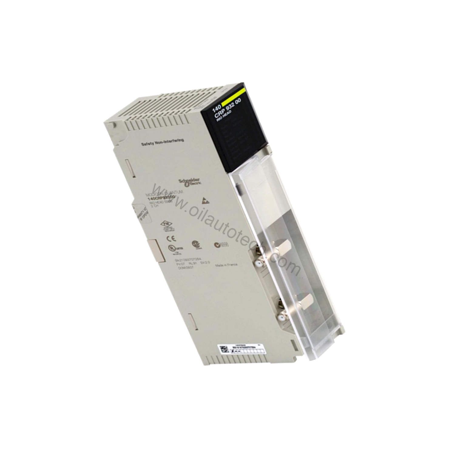 Figure 2: Technical layout and connection details for the Schneider Electric 140CRP93200C industrial automation component.