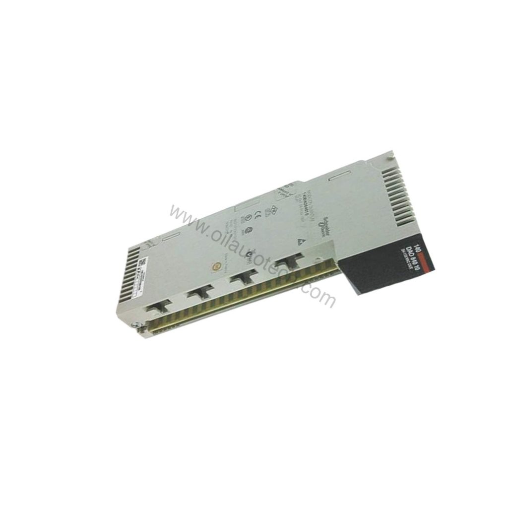 Figure 2: Technical layout and connection details for the Schneider Electric 140DAO84010C industrial automation component.