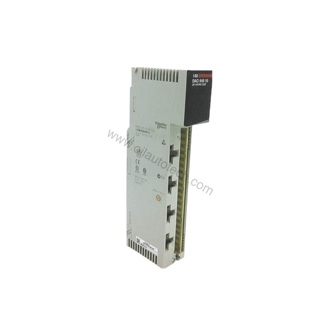 Figure 1: Front view of the Schneider Electric 140DAO84010C industrial automation component showing its physical design and enclosure.