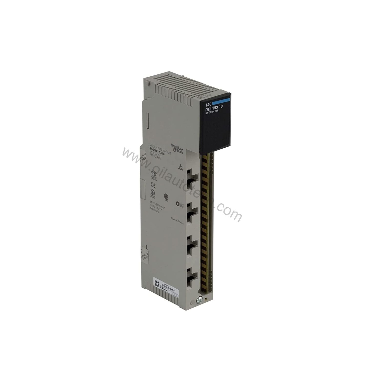 Figure 1: Front view of the Schneider 140DDI15310 industrial automation component showing its physical design and enclosure.