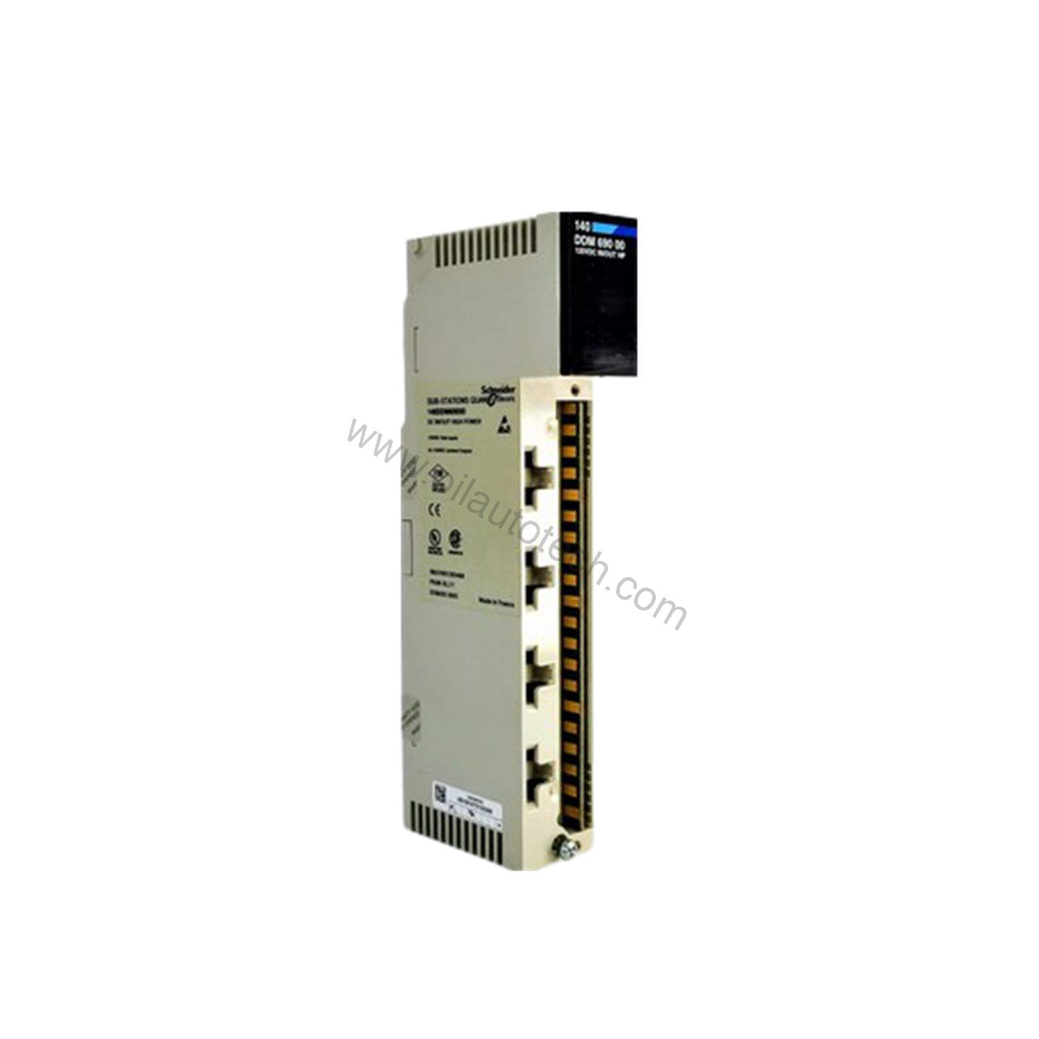Figure 1: Front view of the Schneider Electric 140DDM69000 industrial automation component showing its physical design and enclosure.