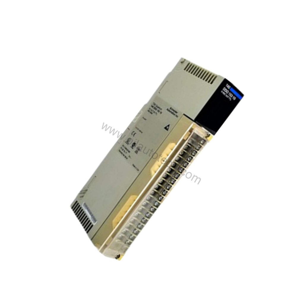 Figure 2: Technical layout and connection details for the Schneider Electric 140DDO15310C industrial automation component.