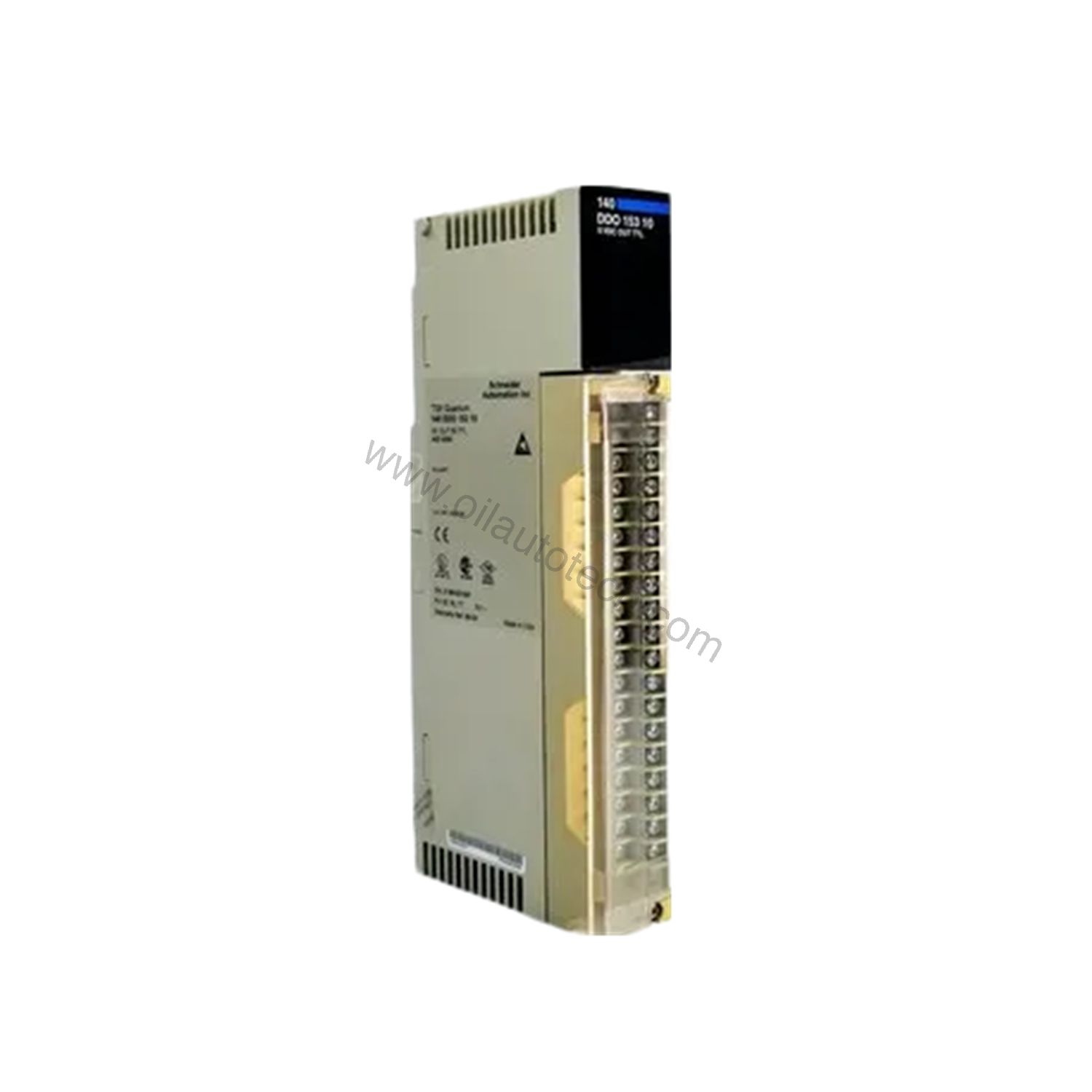Figure 1: Front view of the Schneider 140DDO15310 industrial automation component showing its physical design and enclosure.