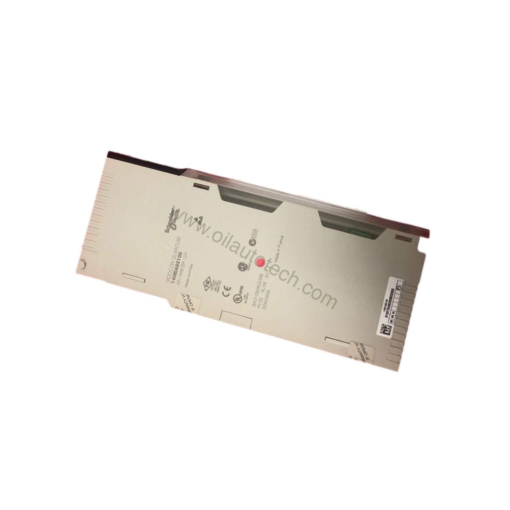 Figure 2: Technical layout and connection details for the Schneider Electric 140EIA92100C industrial automation component.
