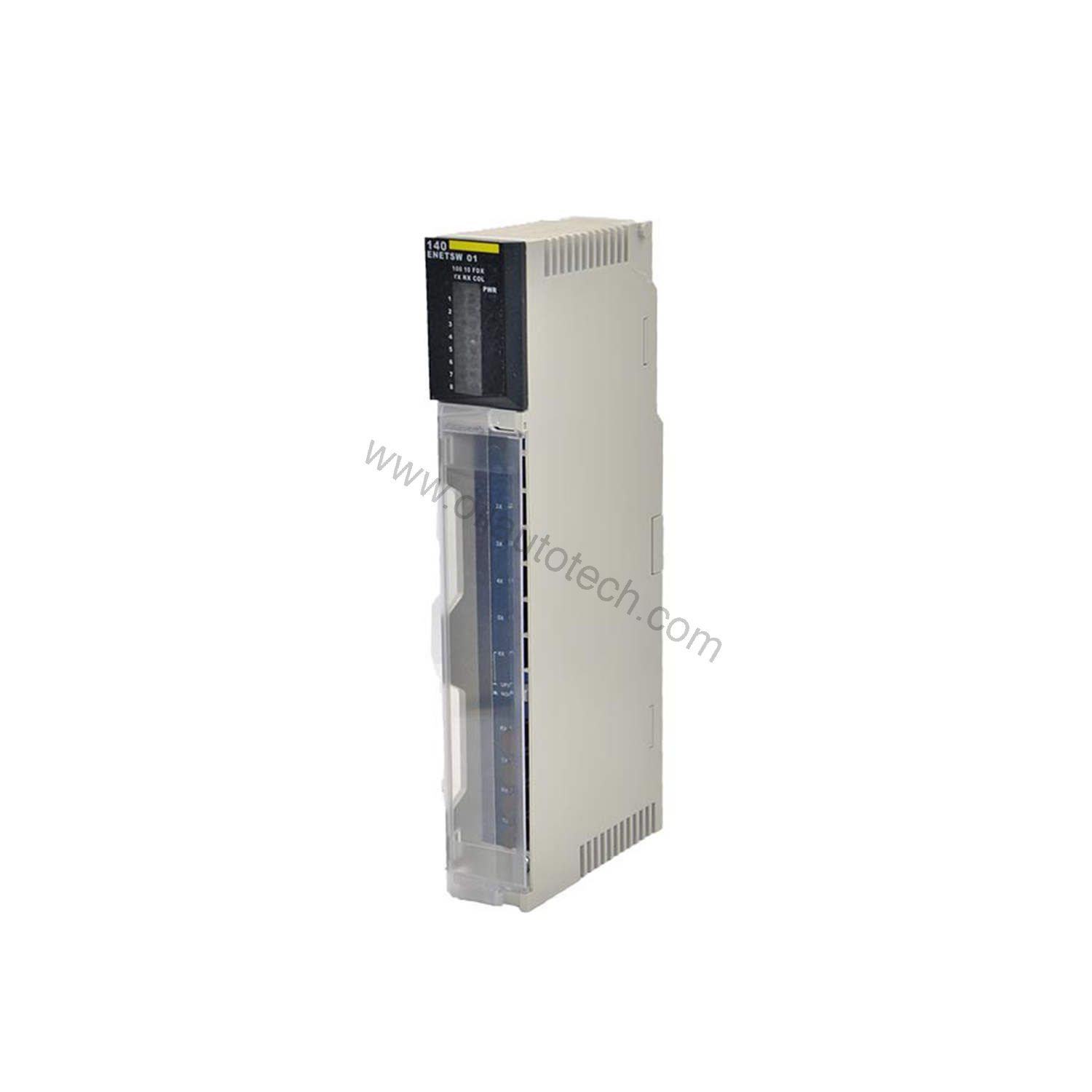 Figure 1: Front view of the Schneider Electric 140ENETSW01 industrial automation component showing its physical design and enclosure.