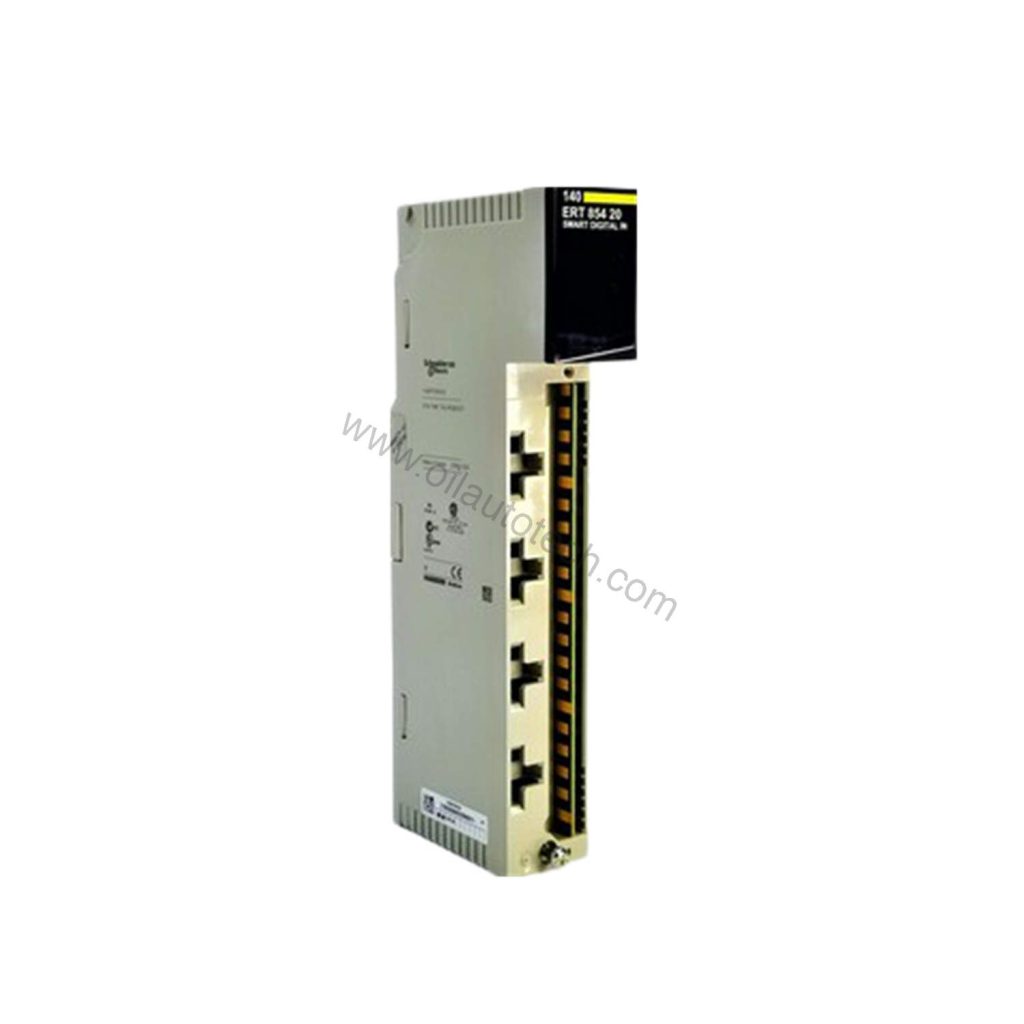 Figure 1: Front view of the Schneider Electric 140ERT85420 industrial automation component showing its physical design and enclosure.
