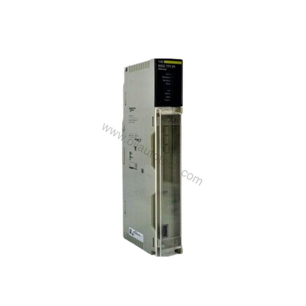 Figure 1: Front view of the Schneider Electric 140NOC77101C industrial automation component showing its physical design and enclosure.