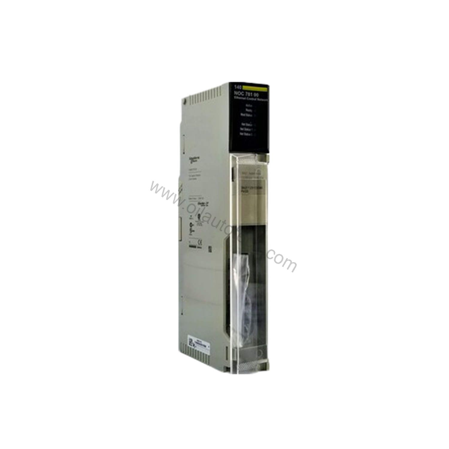 Figure 1: Front view of the Schneider Electric 140NOC78100C industrial automation component showing its physical design and enclosure.