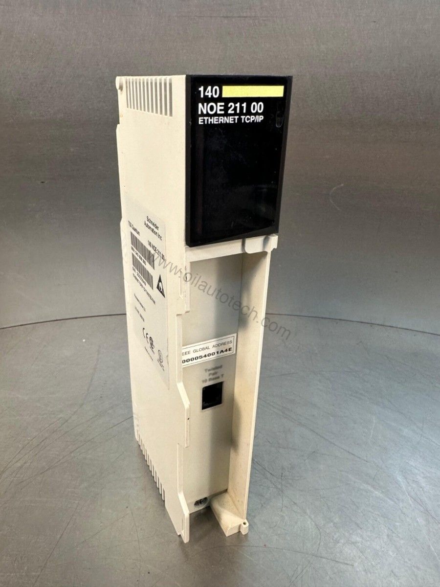 Figure 1: Front view of the Schneider Electric 140NOE77100C industrial automation component showing its physical design and enclosure.