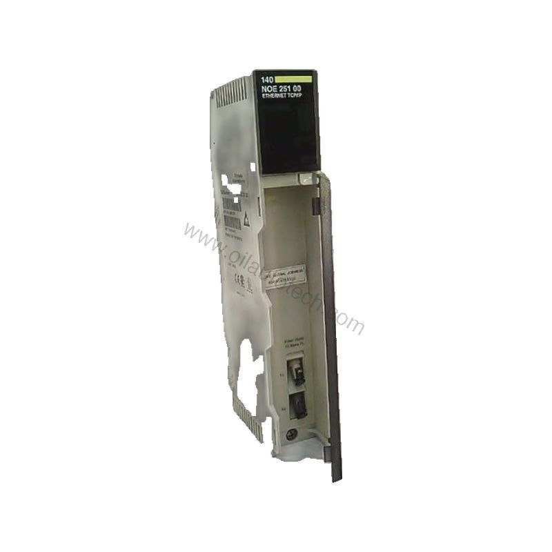Figure 1: Front view of the Schneider Electric 140NOE25100C industrial automation component showing its physical design and enclosure.