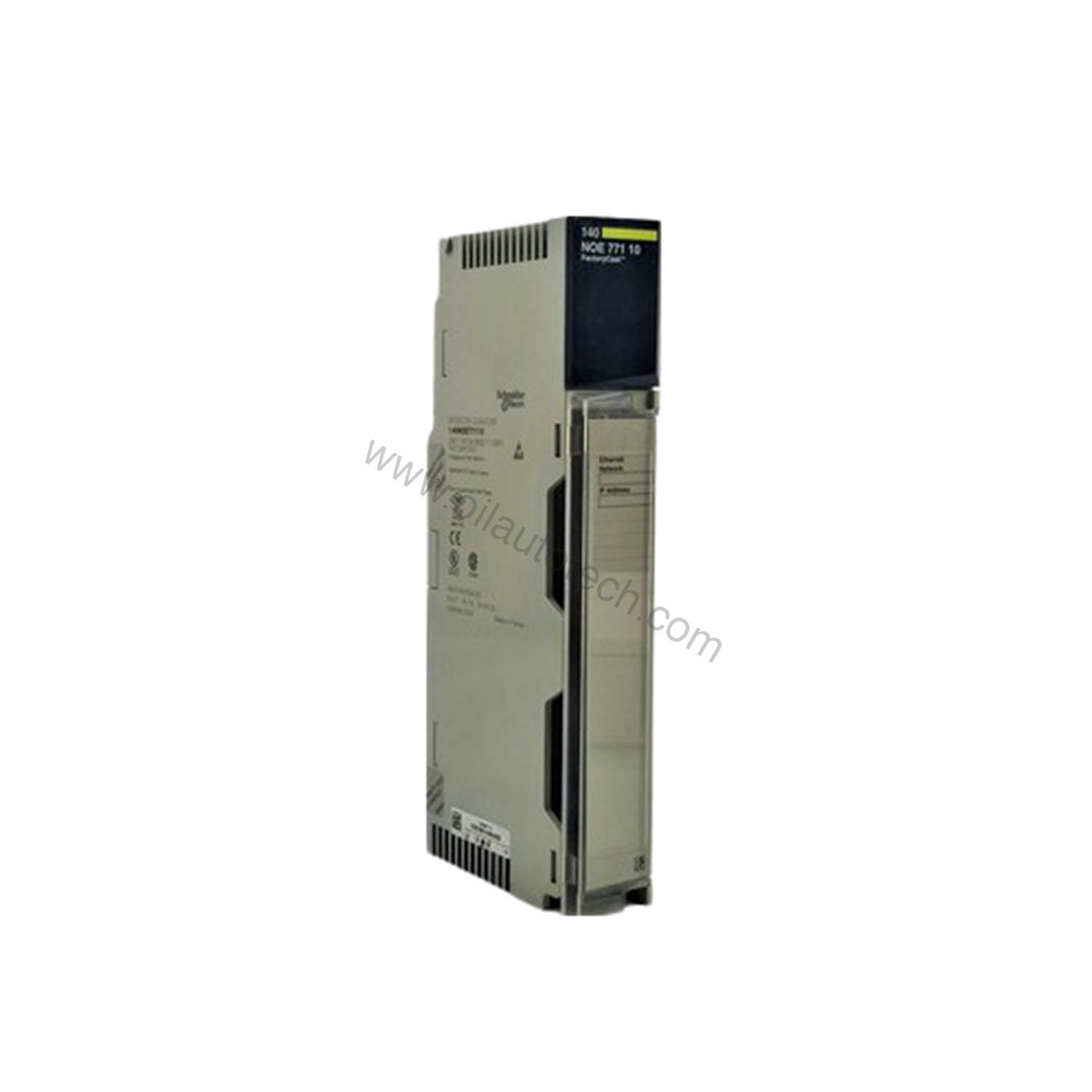 Figure 1: Front view of the Schneider Electric 140NOE77110C industrial automation component showing its physical design and enclosure.