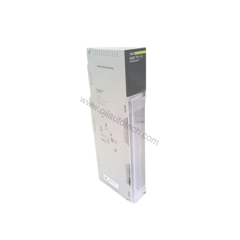 Figure 1: Front view of the Schneider Electric 140NOE77111C industrial automation component showing its physical design and enclosure.