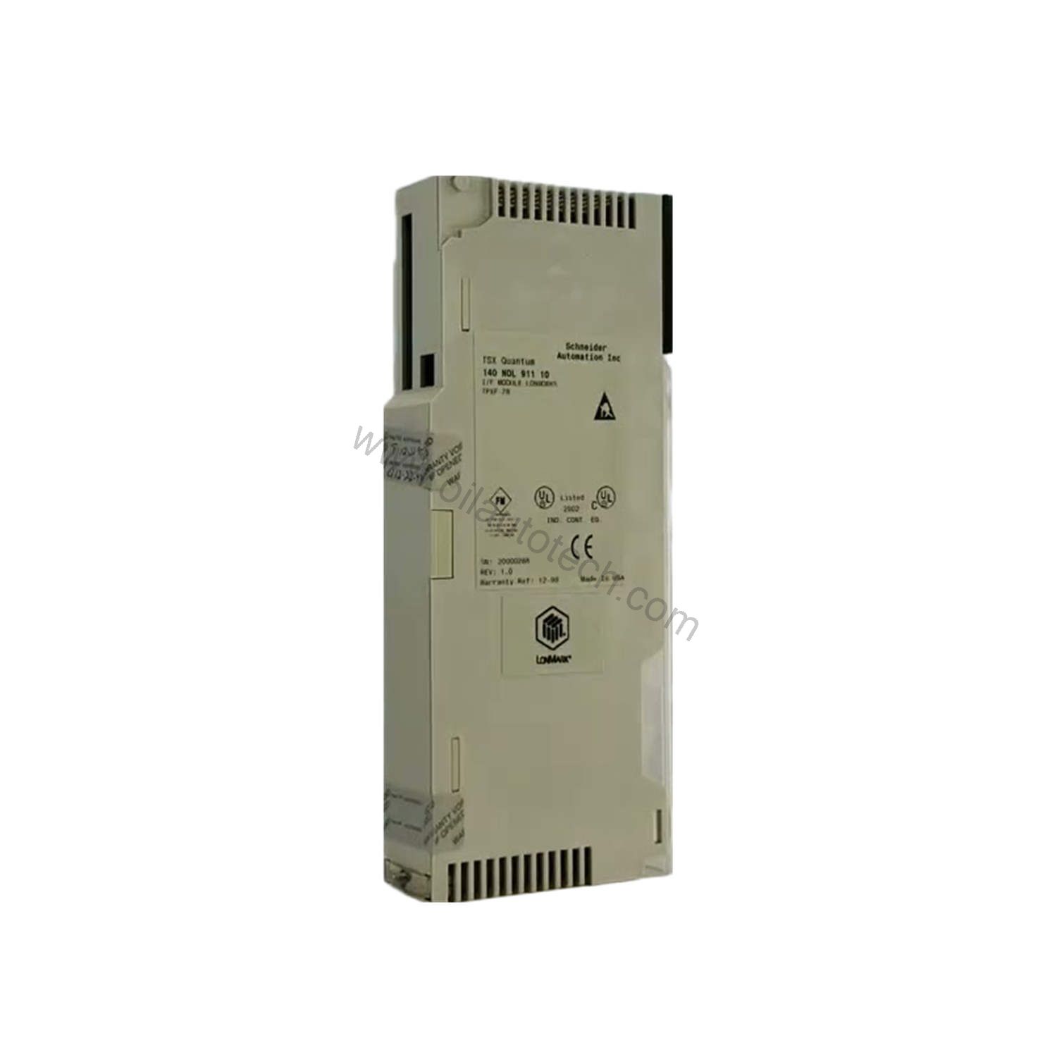 Figure 1: Front view of the Schneider Electric 140NOL91110 industrial automation component showing its physical design and enclosure.