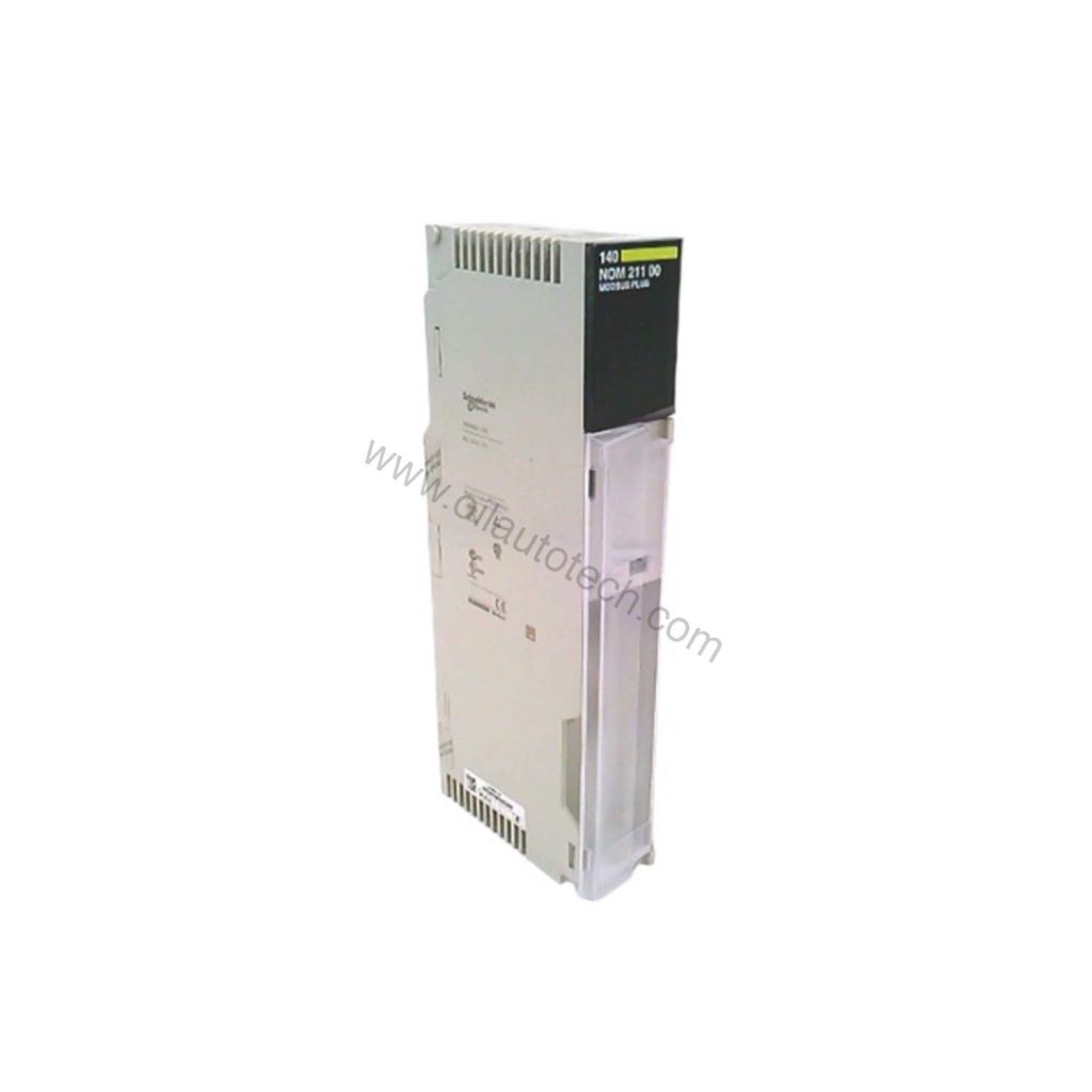 Figure 2: Technical layout and connection details for the Schneider Electric 140NOM21100C industrial automation component.