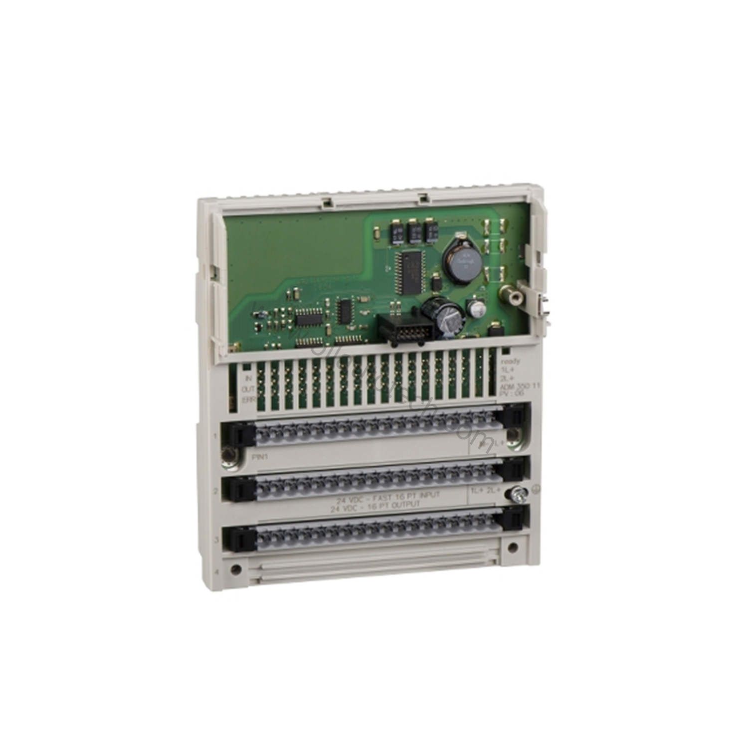 Figure 1: Front view of the Schneider 170ADM35010 industrial automation component showing its physical design and enclosure.