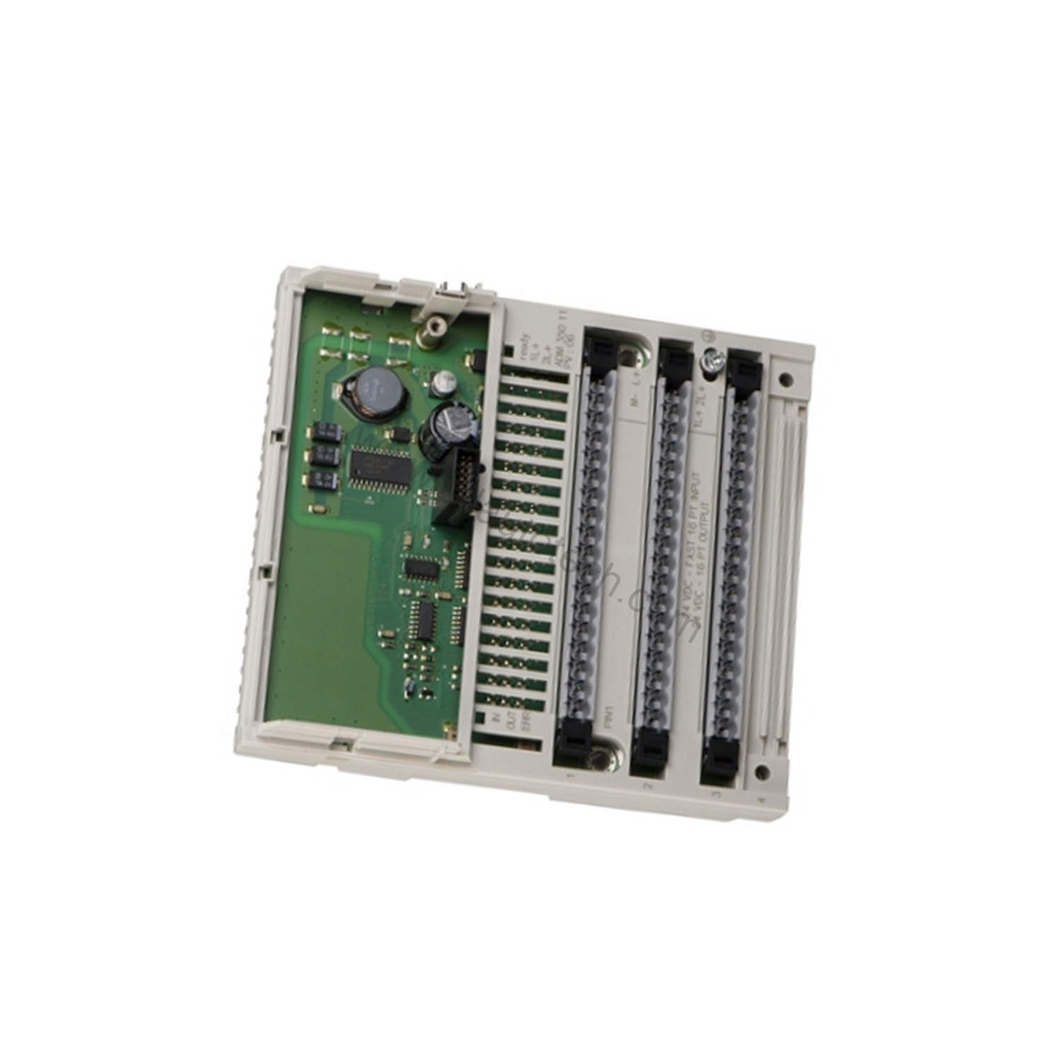 Figure 2: Technical layout and connection details for the Schneider 170ADM35010 industrial automation component.