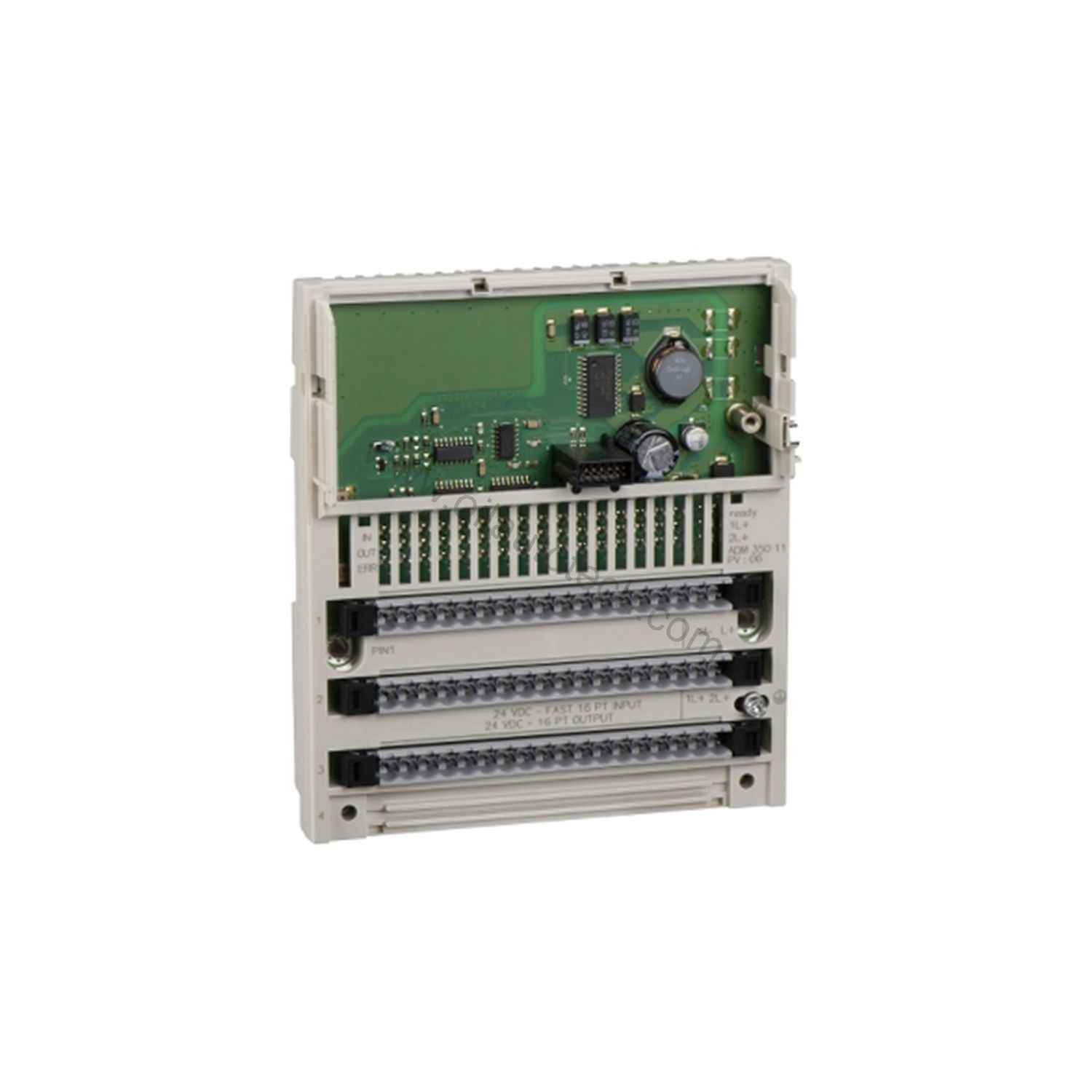 Figure 2: Technical layout and connection details for the Schneider 170ADM85010 industrial automation component.